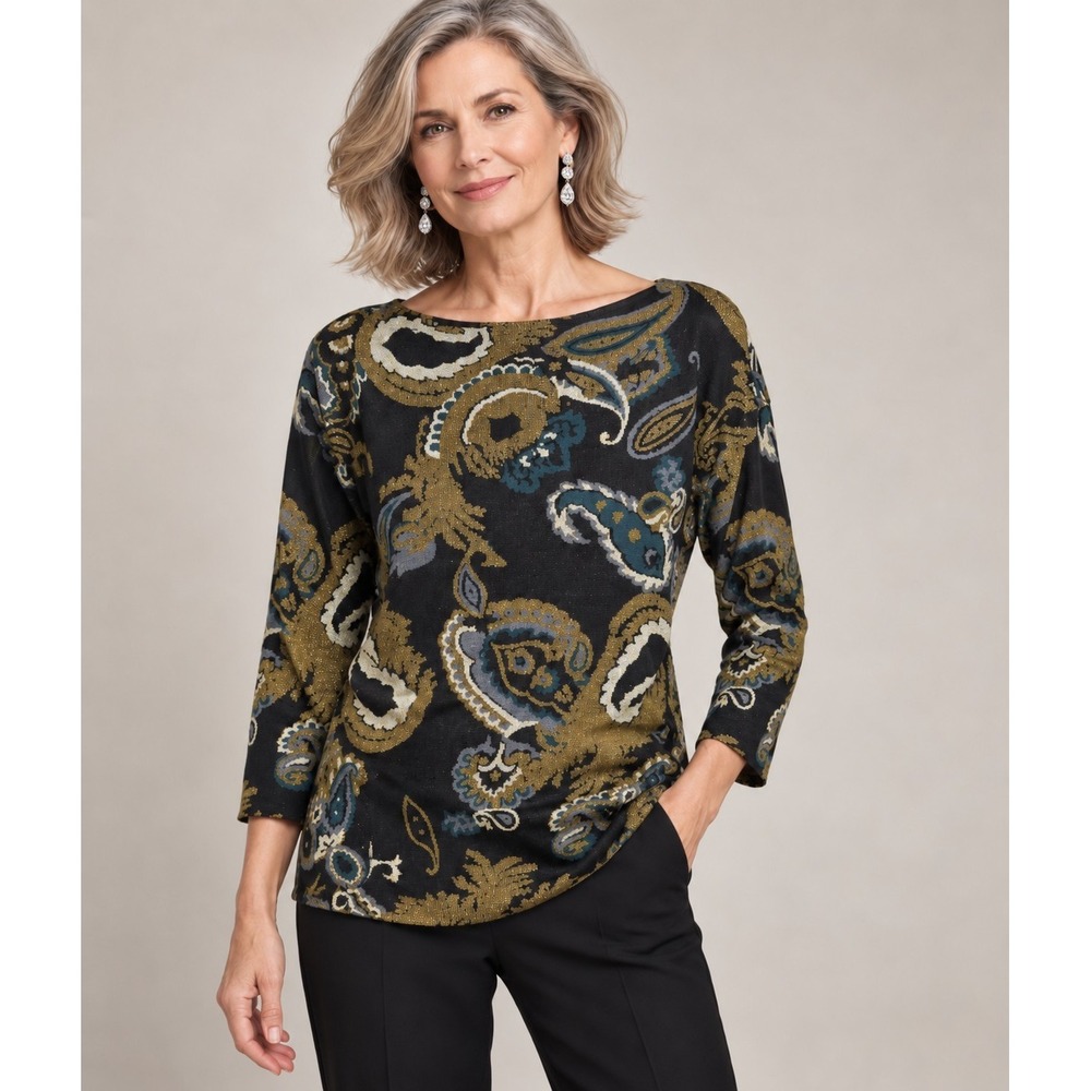 Lafayette 148 New York Paisley Wool Blend Metallic Knit Sweater Black Gold M